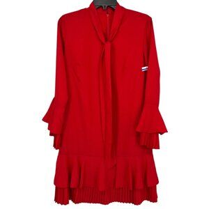 Tahari ASL Ruffle Pleat Detail Tie Neck Bell Sleeve Dress Red Size 2 NWOT